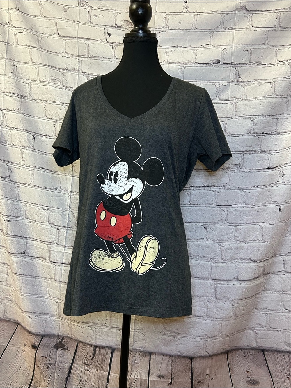 Disney Charcoal V-Neck Mickey Mouse Graphic Tee - Black/Red/Yellow